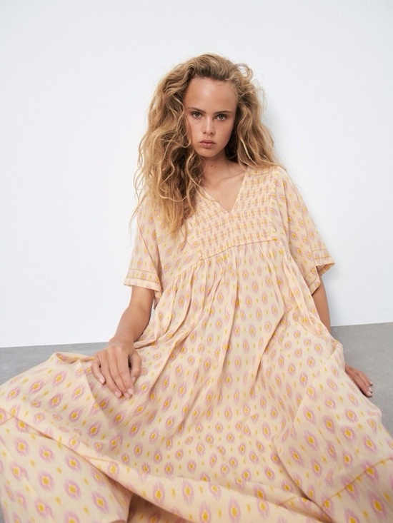 Zara Dresses & Skirts - Zara Cream Midi Dress with Pink Leaf Print Size XL
